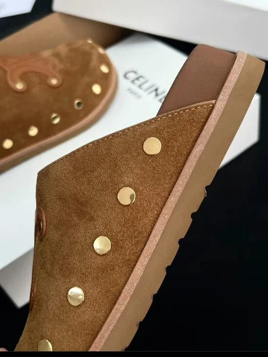 CELINE Brown Suede Studs Slide Mules - Picture 3 of 8